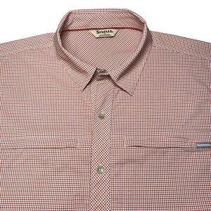 SIMMS Fishing Shirt Large S/S Brr Nylon Blend Orange Red Plaid Fish